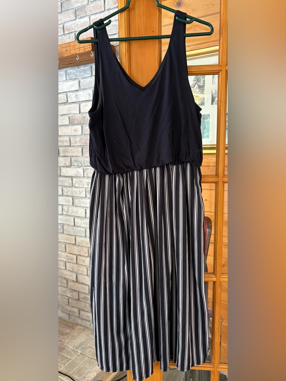 LOFT Petite Large Navy V-Neck Knit Navy and-White Striped Midi Dress